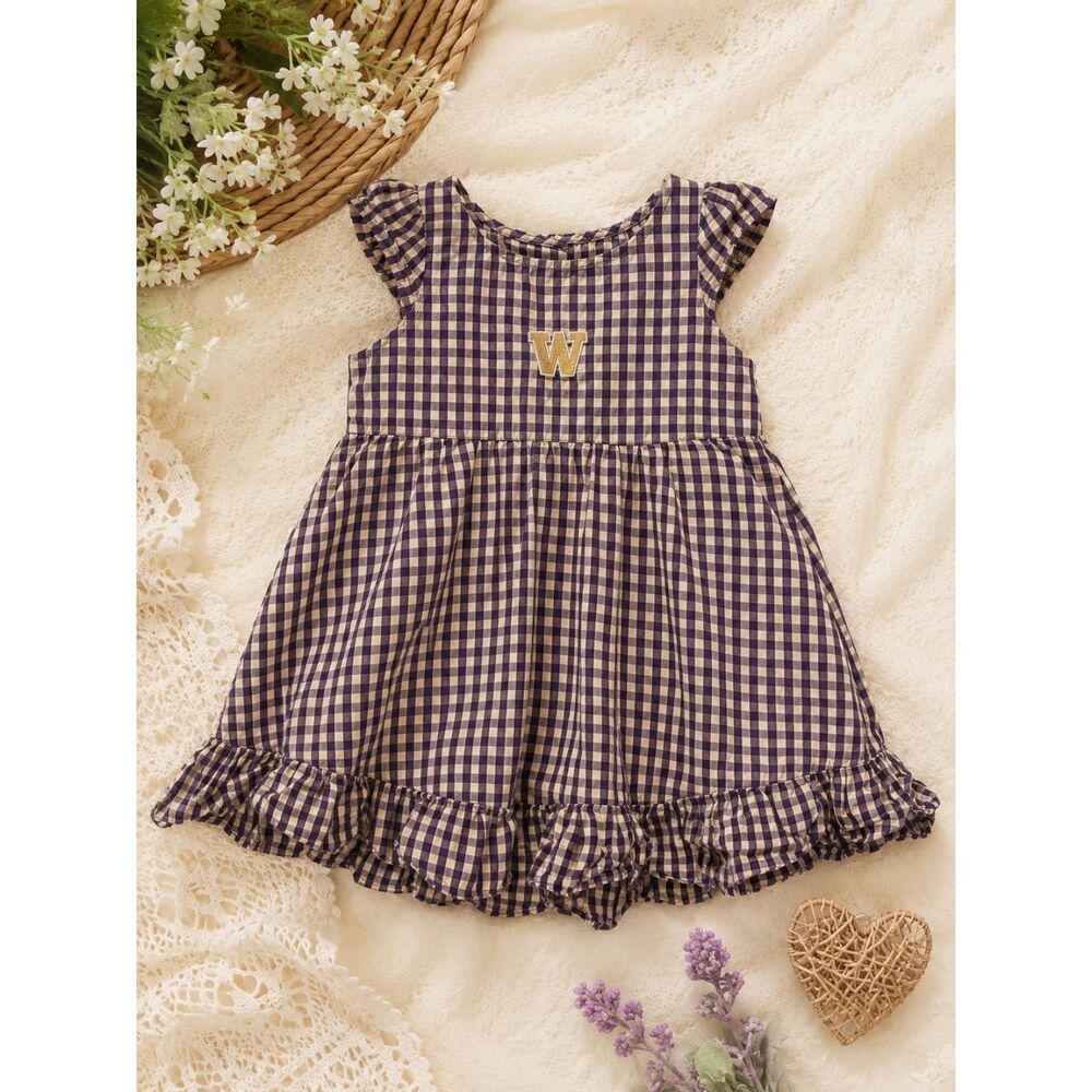Washington Huskies Toddler Girls Purple Gingham Ruffle Dress Embroidered W